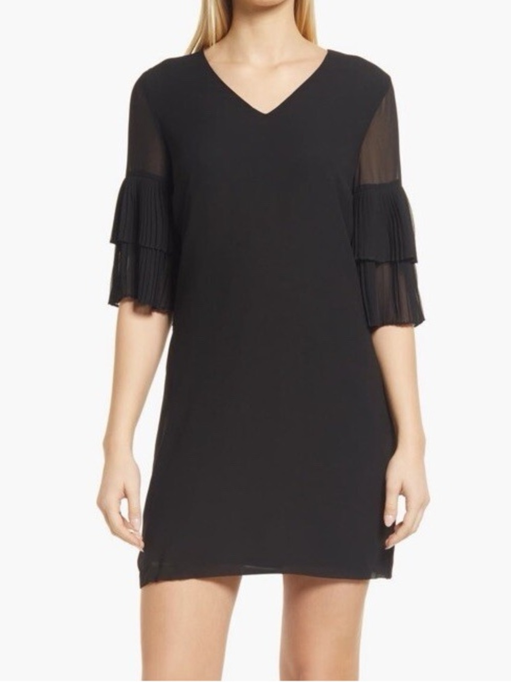 NWT NEW Sam Edelman Black V-Neck Dress Size 10 LBD Mini Sheer Tiered Sleeve